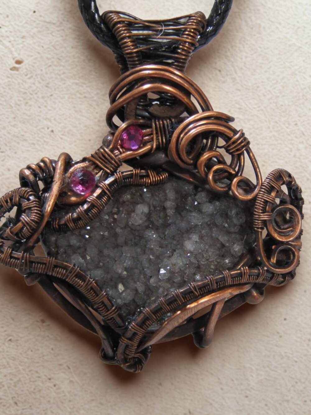 Handmade Wire Wrapped Obsidian Druzy Pendant, Raw Copper Wire, Oxidized/ waxed - Picture 3 of 6